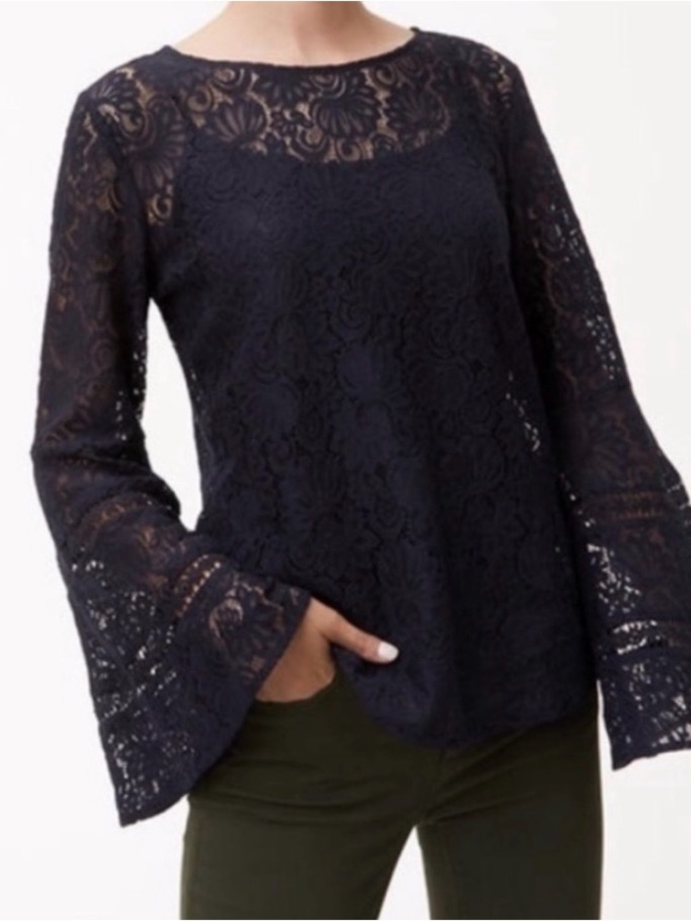 LOFT Black Floral Lace Bell-Sleeve Blouse